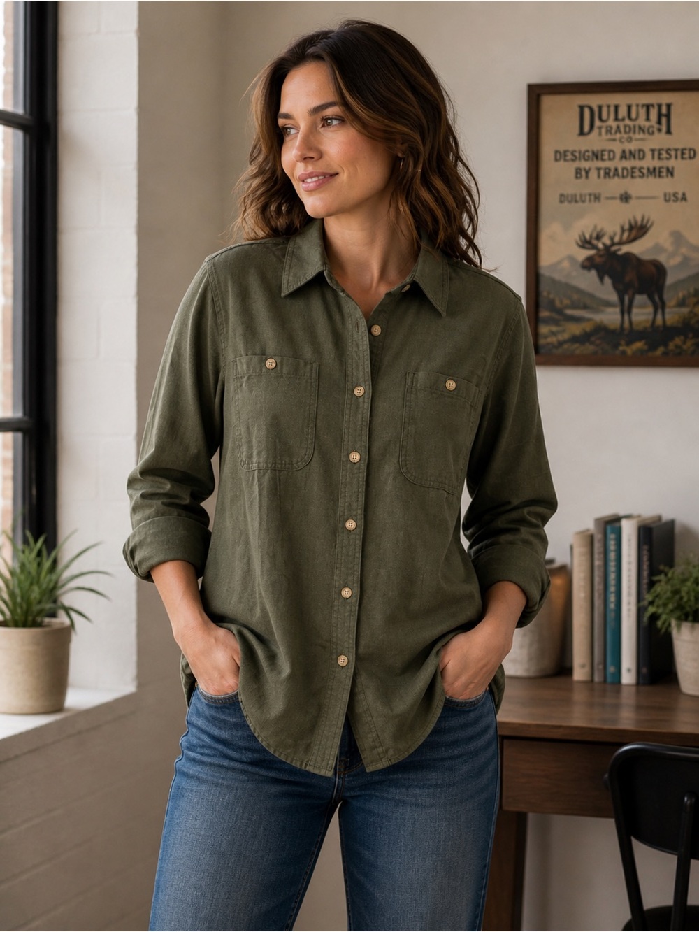 Duluth Trading Free Swinging Olive green flannel Utility Shirt - NEW